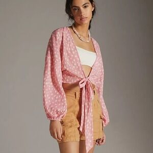 Anthropologie New Tie Cropped Kimono Top Long Sleeve Pink White Spot Cotton